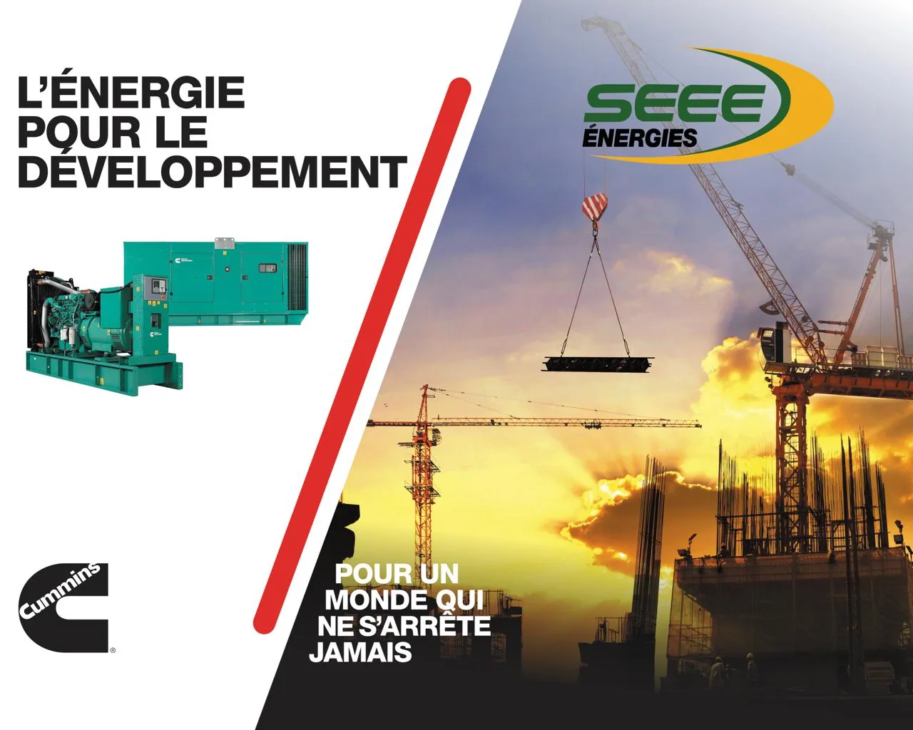 L'énergie pour le développement. Pour un monde qui ne s'arrête jamais. Groupe électrogène Cummins et grues de chantier au coucher du soleil.